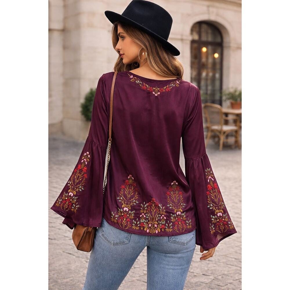 Sundance Embroidered Blouse Women's Small Burgundy V-Neck Bell Sleeve Boho - Picture 2 of 12